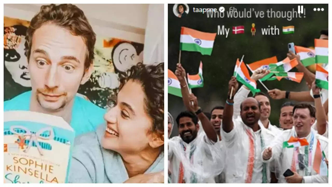 Taapsee Pannu REACTS as hubby Mathias Boe waves Indian flag at Paris Olympics 2024 | Hindi Movie News Filmymeet