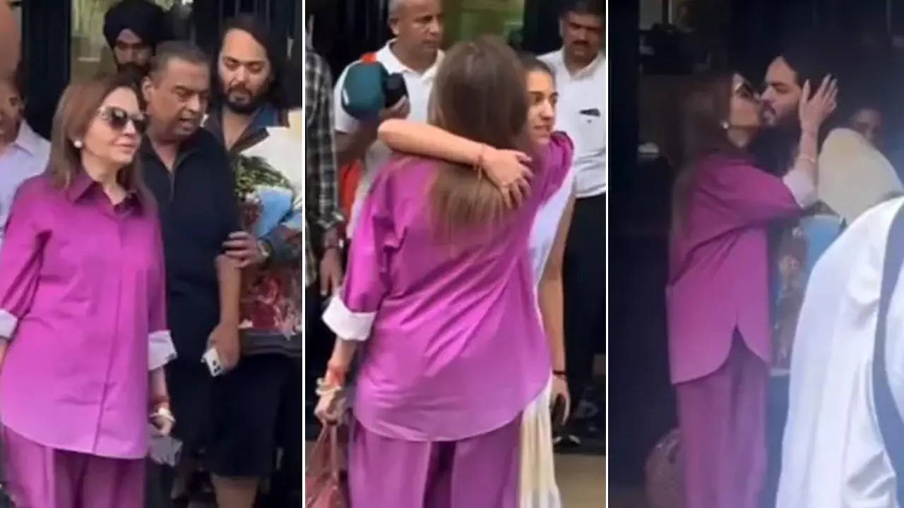 Nita Ambani shares a warm hug with 'New Bahu' Radhika Merchant and kisses son Anant Ambani as she and Mukesh Ambani leave Paris | Hindi Movie News Filmymeet