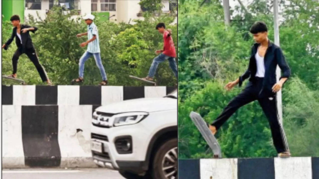 Just for kicks: These boys didn't know they are flattening anti-glare screens on Delhi-Meerut expressway