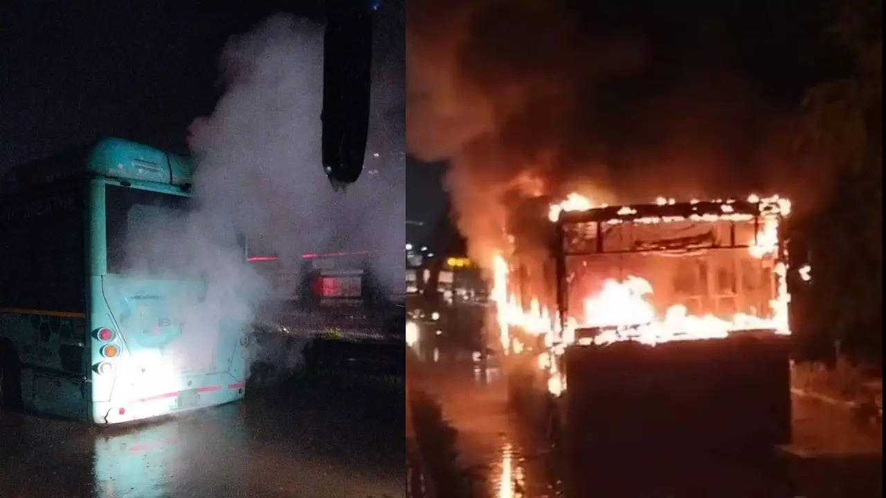 Electric bus catches fire on road flooded with rain water in Bengaluru, no injuries