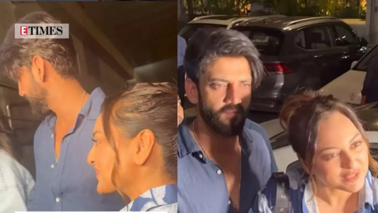 Sonakshi Sinha and Zaheer Iqbal twin in blue, cutely interact with the paps as the arrive for the screening of 'Khel Khel Mein' - WATCH VIDEO | Hindi Movie News Filmymeet