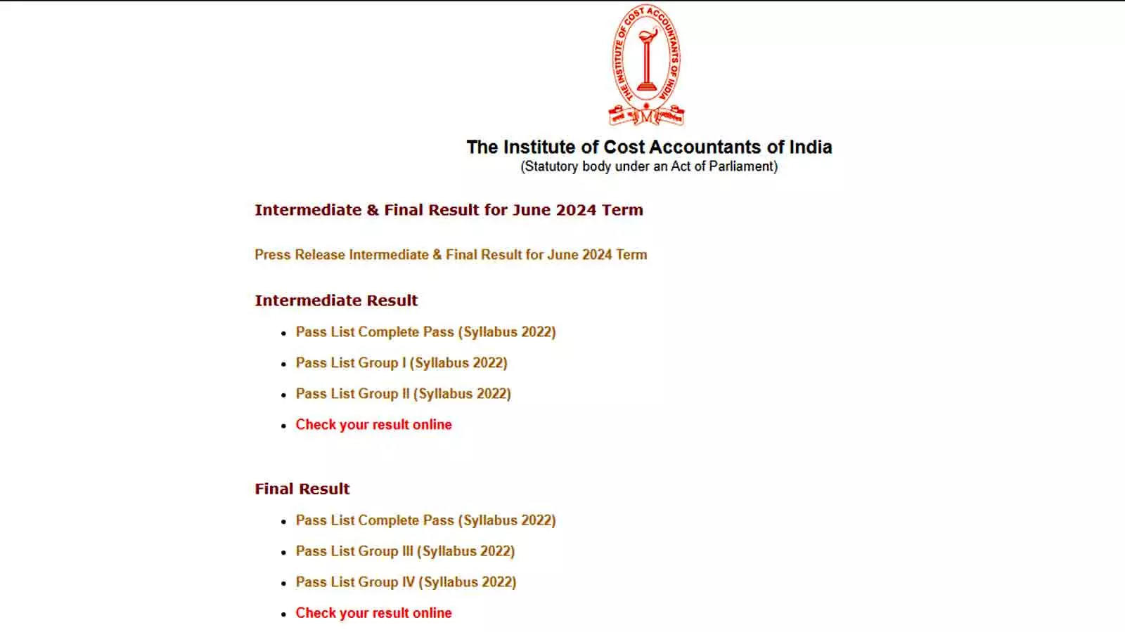 ICMAI CMA June 2024 Results 16.55 Pass in Intermediate, 11.22 in