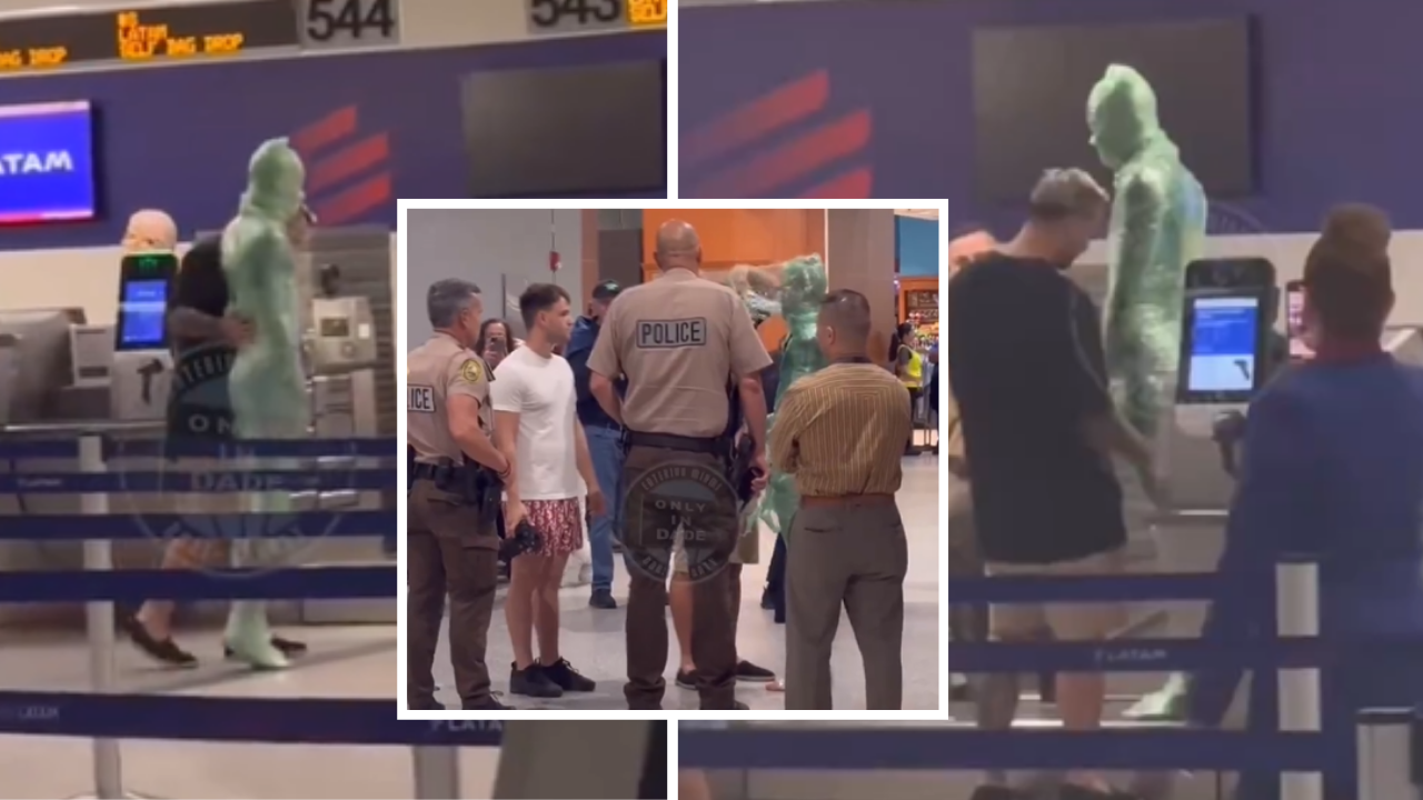 Miami Airport bizarre stunt goes viral: Man wrapped in plastic from head to toe tries to check-in as luggage — Watch video