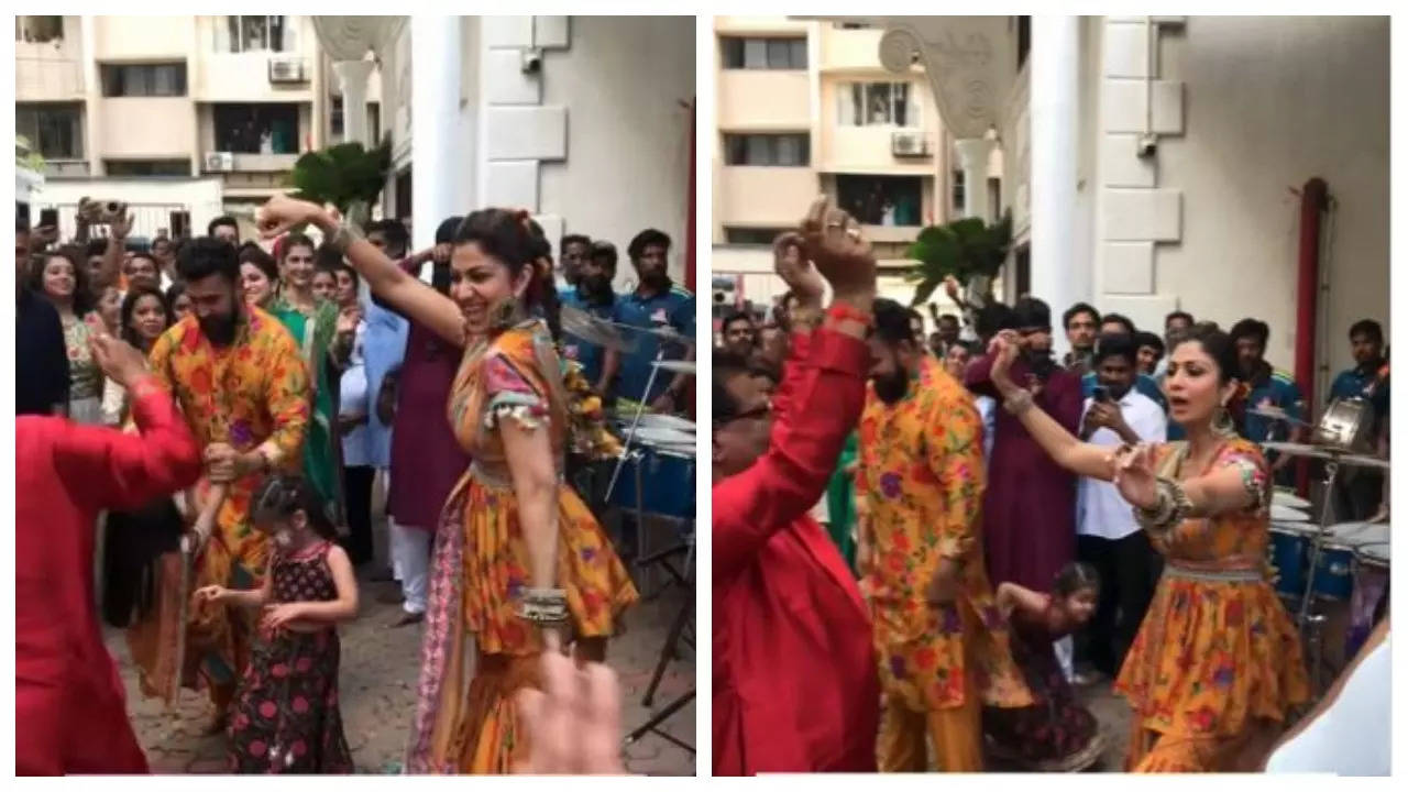 Shilpa Shetty and Raj Kundra twin in matching outfits, dance on dhol beats as they bid farewell to Ganpati Bappa - WATCH video | Filmymeet