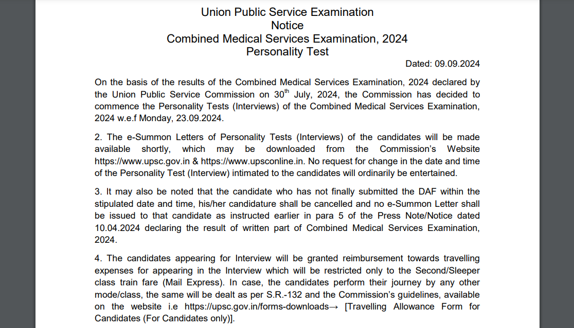 UPSC CMS 2024 interview schedule announced, commences on Sept 23, admit cards releasing shortly: Check roll number-wise timetable here