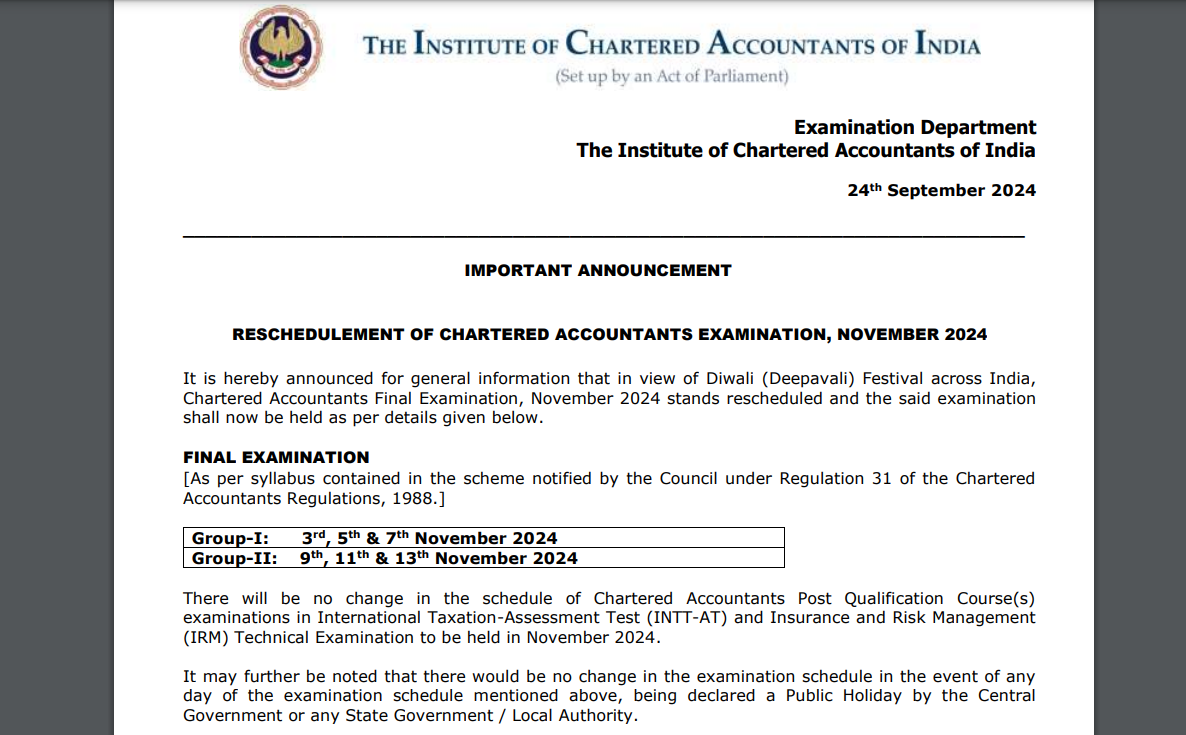 ICAI CA Final Exam for Nov 2024 postponed due to Diwali, new exam date announced: Check official notice here