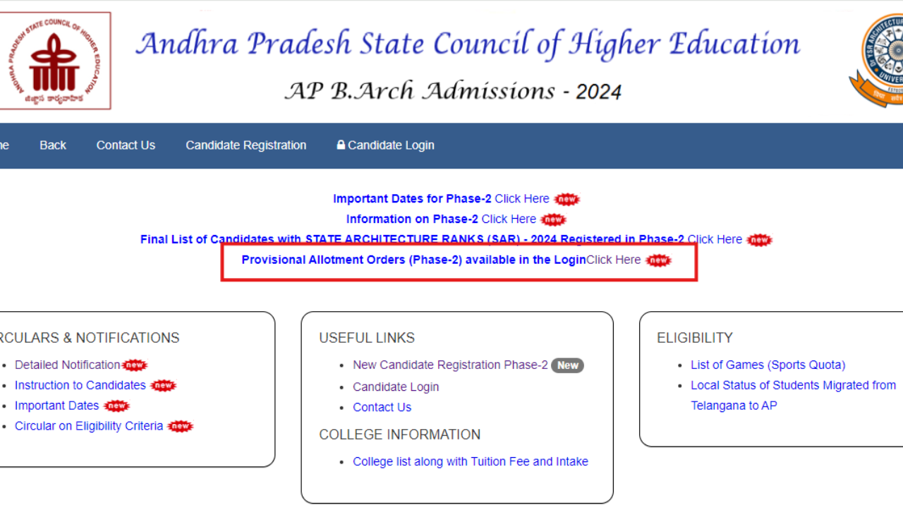 AP BArch phase 2 provisional seat allotment result 2024 declared: Check direct link here