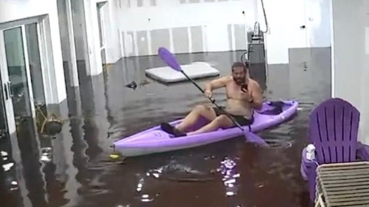 Florida man kayaking in his living room during Hurricane Helene, video viral