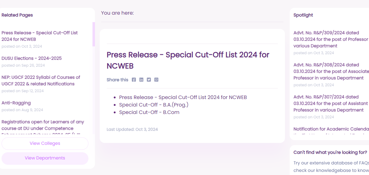 DU NCWEB Admission 2024 Special Drive Cut-off List Released: Check direct link here