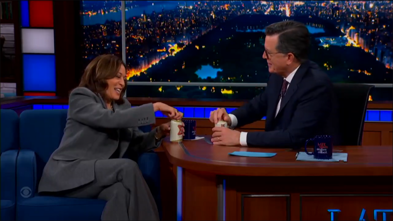 Watch: Vice President Kamala Harris cracks open a beer during 'Late Show' on campaign trail