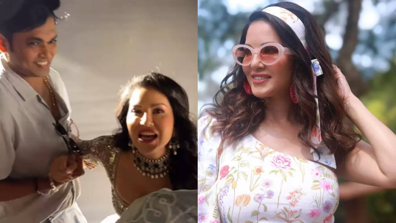 Sunny Leone struggles to get up in a heavy lehenga