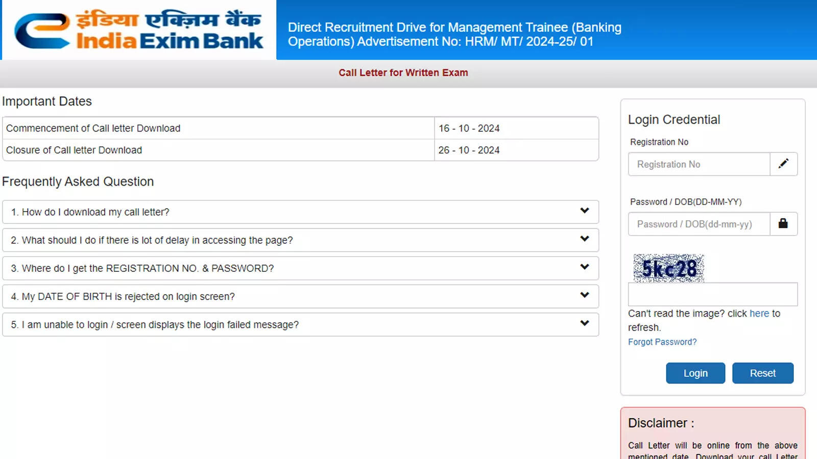 EXIM Bank MT Recruitment 2024: Admit cards out for October 26 exam, download here