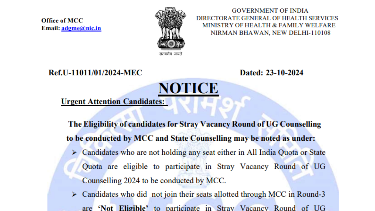 MCC releases important notice regarding NEET UG Counselling 2024 stray vacancy, check official notice here
