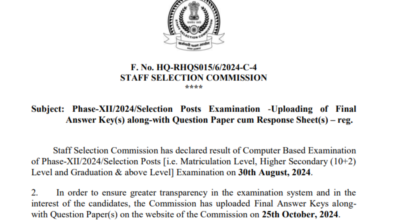 SSC issues Phase 12 recruitment exam 2024 final answer key: Check direct link here