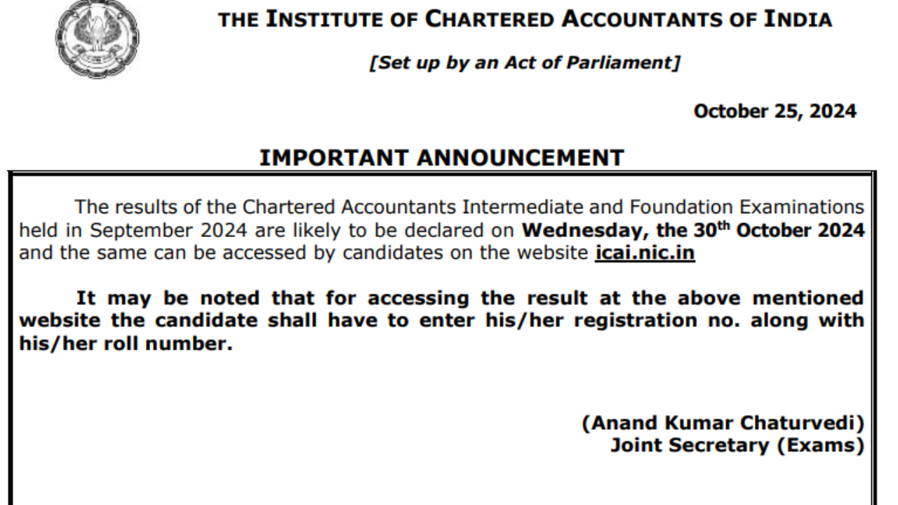 ICAI to likely declare CA Foundation and Inter September exam results on October 30, check official notice here