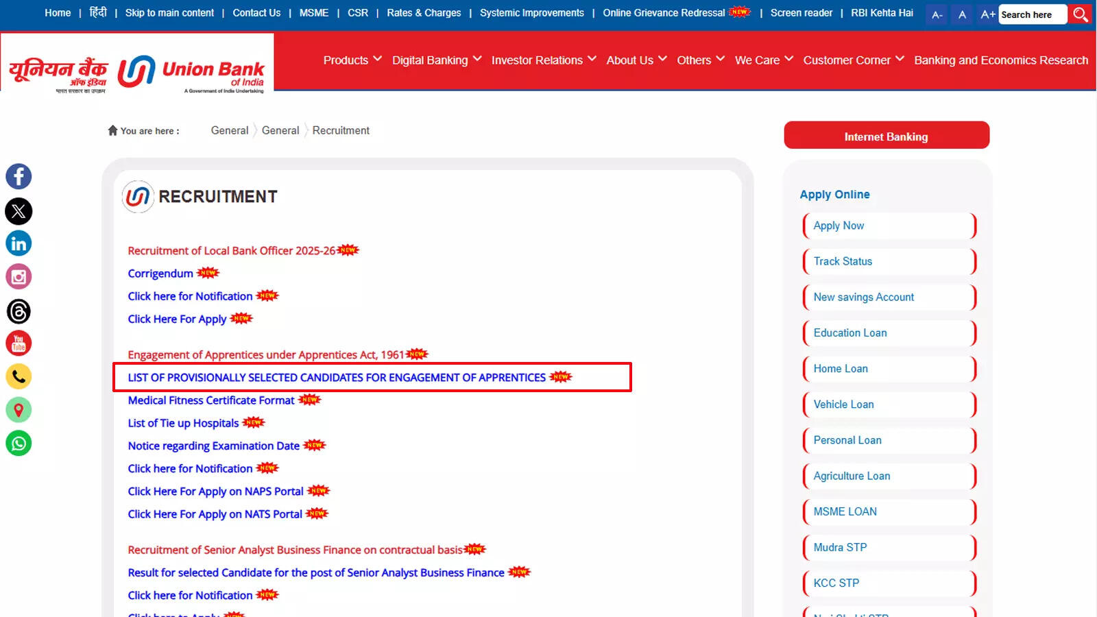 Union Bank of India apprentices result for 500 posts released; download here