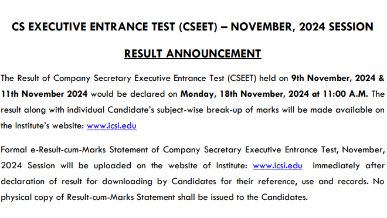 ICSI to declare CSEET November 2024 exam result tomorrow, check official notice here
