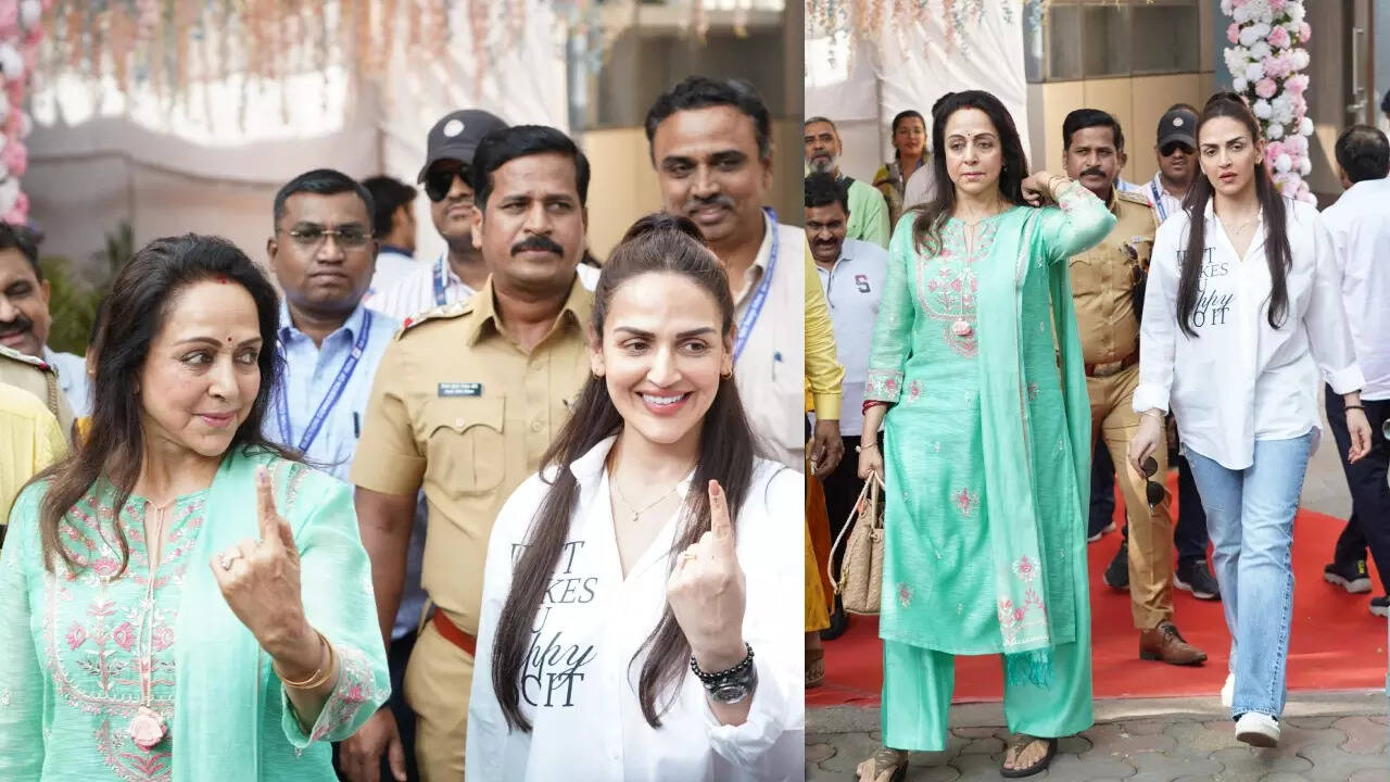 Hema Malini arrives with Esha Deol to cast her vote