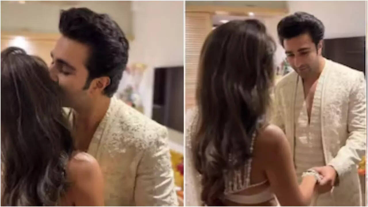 Aadar kisses Alekha as they celebrate roka ceremony