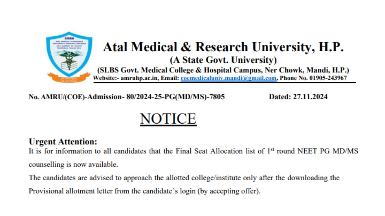 Himachal Pradesh NEET PG 2024 counselling round 1 seat allotment released, check direct link here