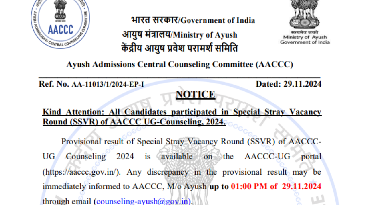 Ayush UG Counselling 2024 special stray vacancy round provisional allotment result out: Check direct link