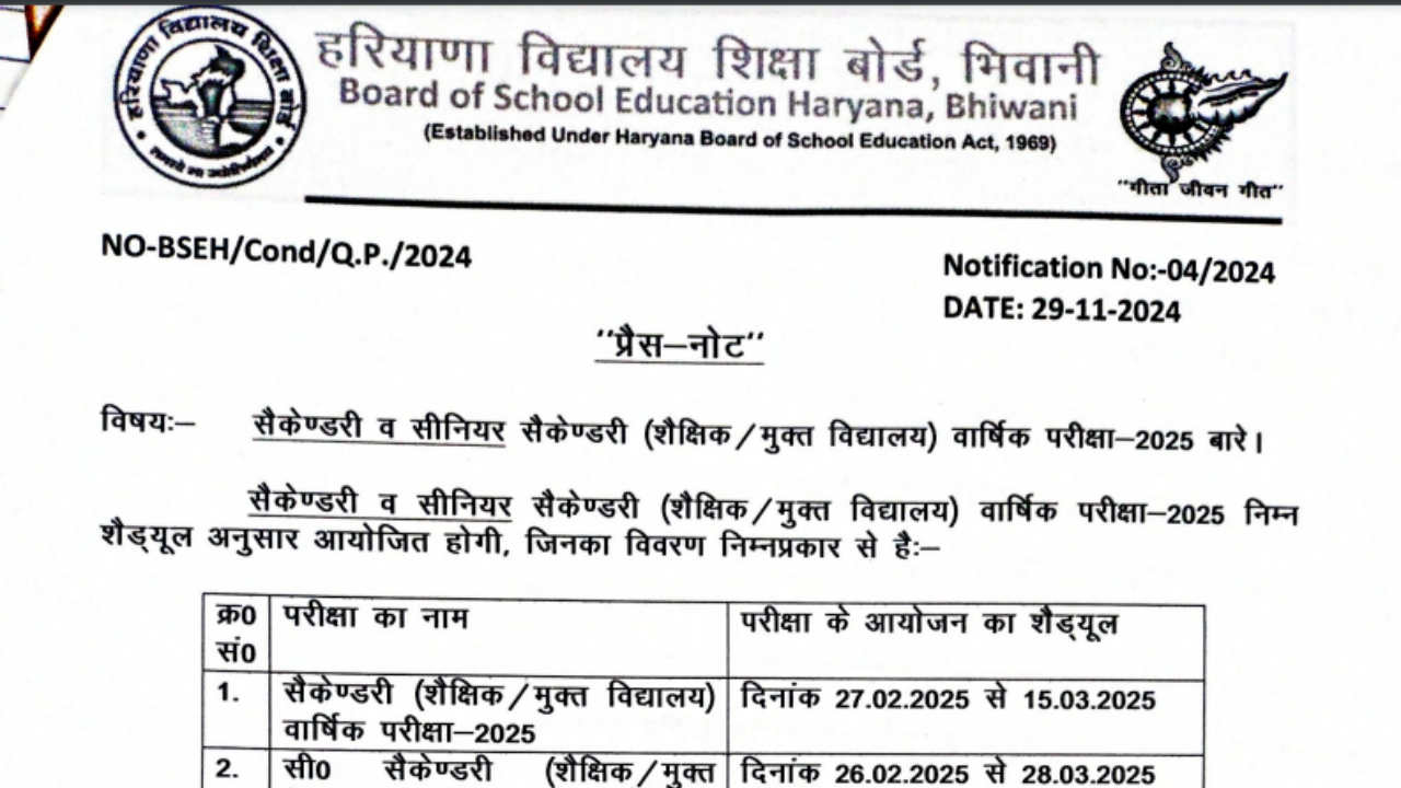 Haryana Class 10, 12 board exam 2025 dates announced, check details here