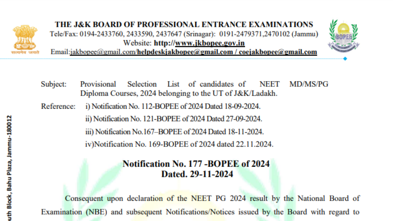 JK NEET PG Counselling 2024 round 1 provisional selection list of candidates out: Check direct link here