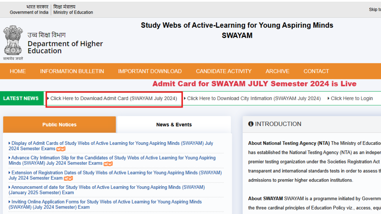 NTA SWAYAM July 2024 admit card released: Check direct link here