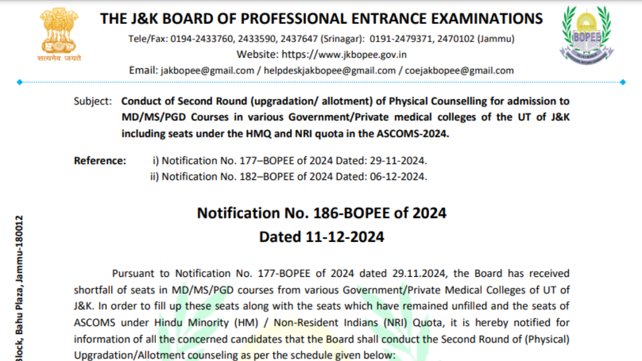 J&K NEET PG counselling 2024: Schedule for second round (upgradation/allotment) of physical counselling released, check official notice here