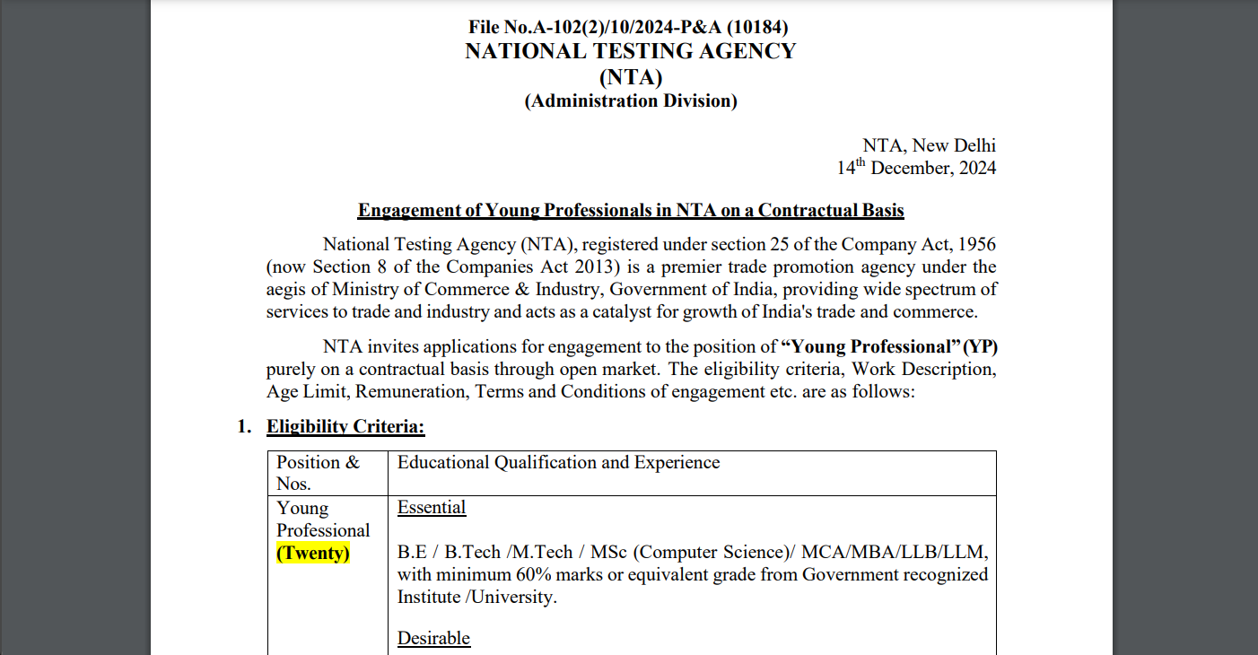 NTA invites applications for 'Young Professionals' with a monthly salary of ₹60,000: Check direct link to apply, eligibility rules here