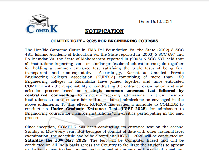 COMEDK UGET 2025 exam date announced: Check important details here
