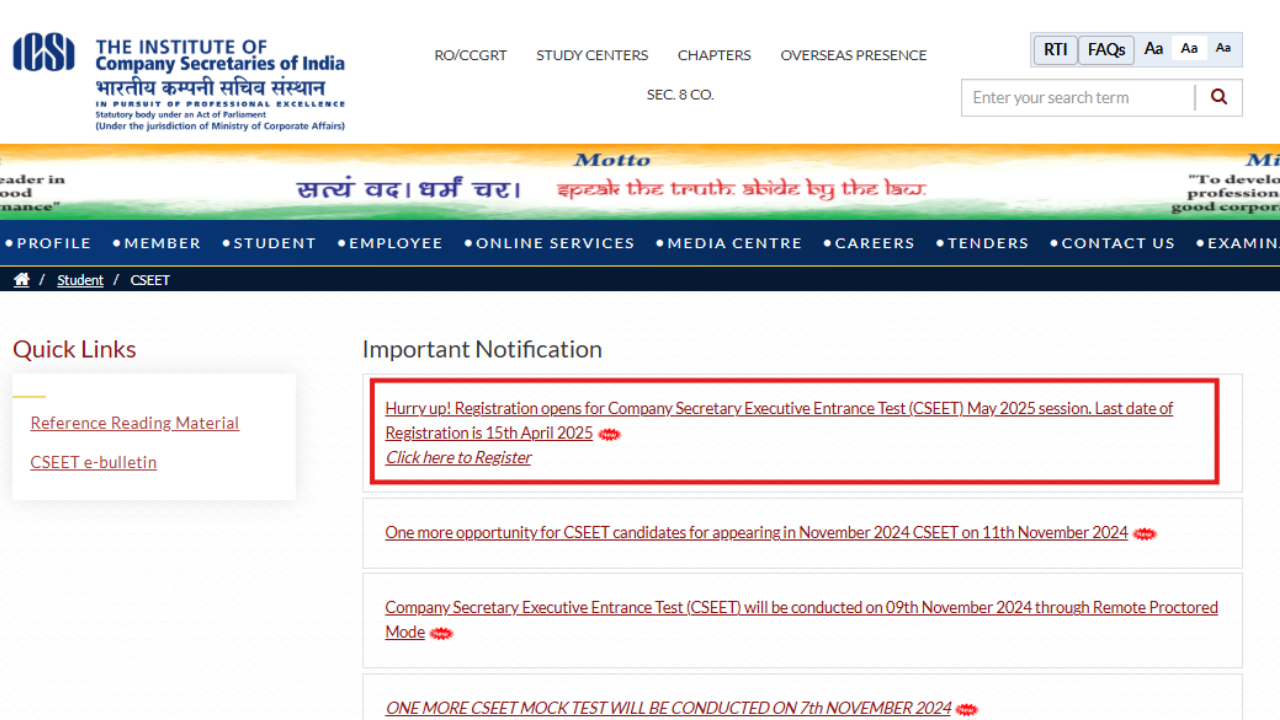 ICSI CSEET May 2025 registration process begins at icsi.edu, check direct link here