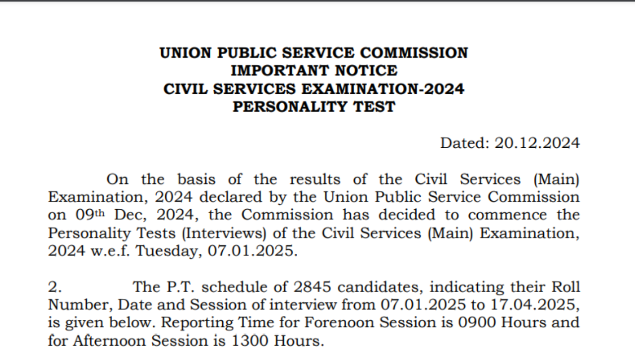 UPSC CSE Mains 2024 interview schedule announced; personality tests from January 7 - Check official notice here