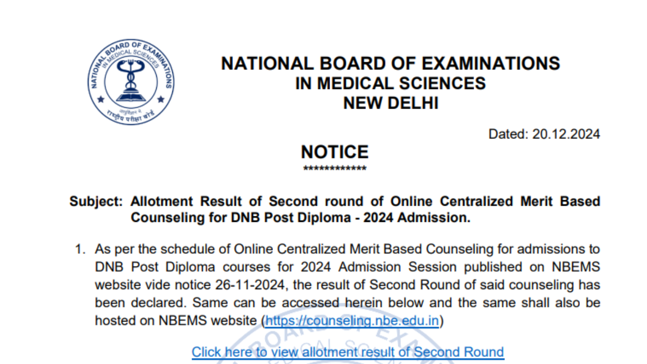 NBEMS DNB Counselling 2024 Round 2 seat allotment result declared, check direct link here