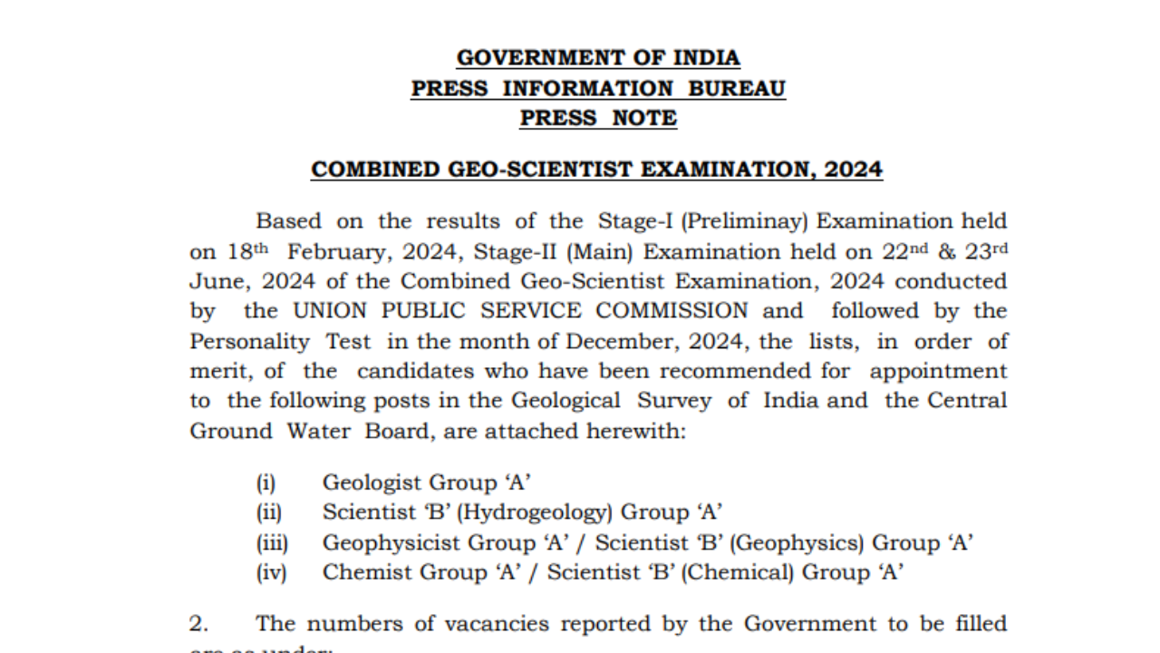 UPSC Combined Geo-Scientist mains result 2024 declared at upsc.gov.in, check direct link here