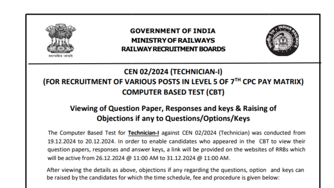 RRB Technician Grade I answer key 2024 released, check direct link here