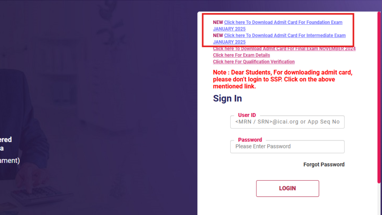 ICAI CA January 2025 Foundation, Inter exam admit card released at eservices.icai.org, check direct link here