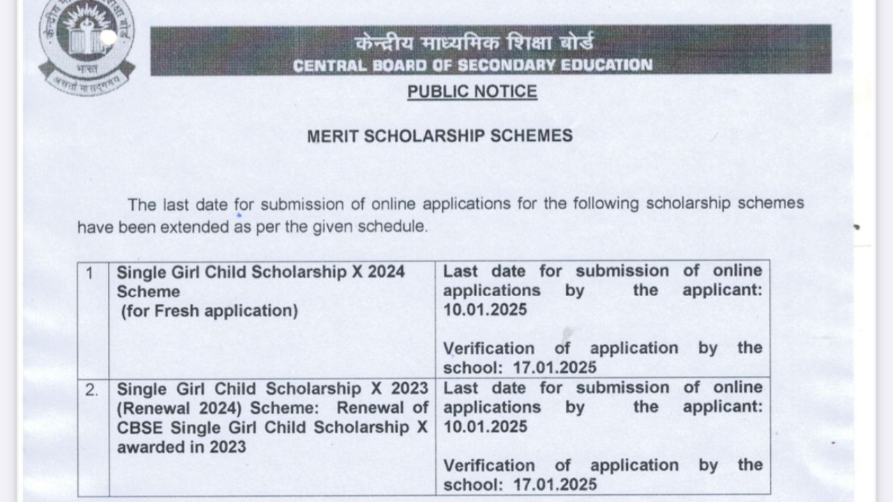 CBSE Single Girl Child Scholarship 2024 registration date extended, check details here