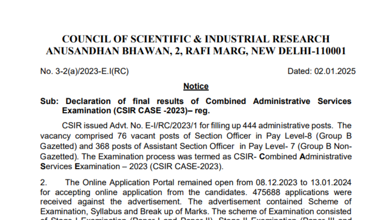 CSIR CASE final result 2023 declared, check direct link here