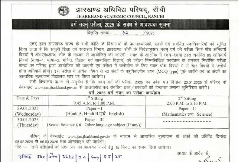 Jharkhand Classes 8 and 9 Board Exam Schedule Released: Check important dates here