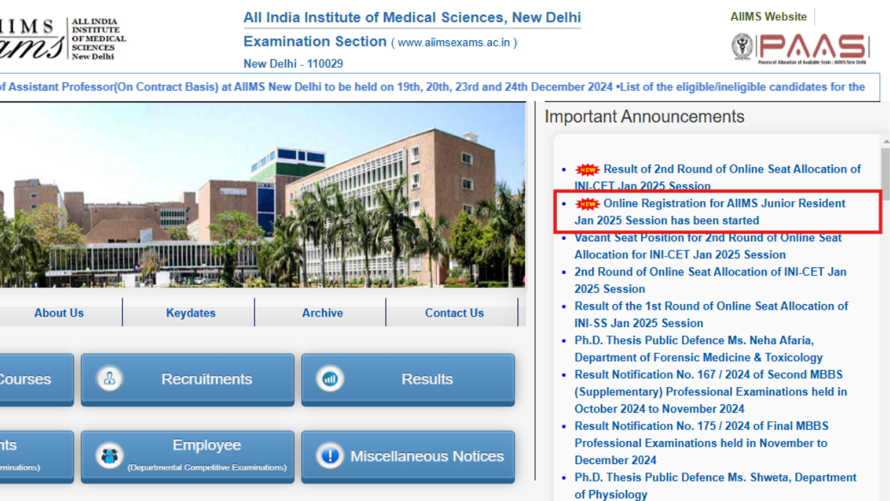 AIIMS Junior Resident January 2025 session registration begins at aiimsexams.ac.in, check direct link here