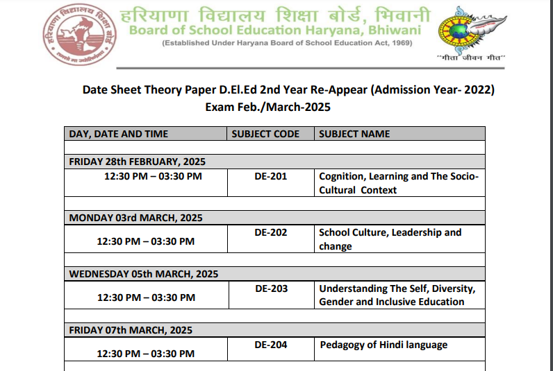 Haryana DElEd 1st & 2nd Year Re-appear Exam Timetable Released: Check Complete Schedule Here