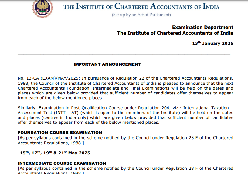 ICAI CA May 2025 exam dates released at icai.org: Check detailed schedule here