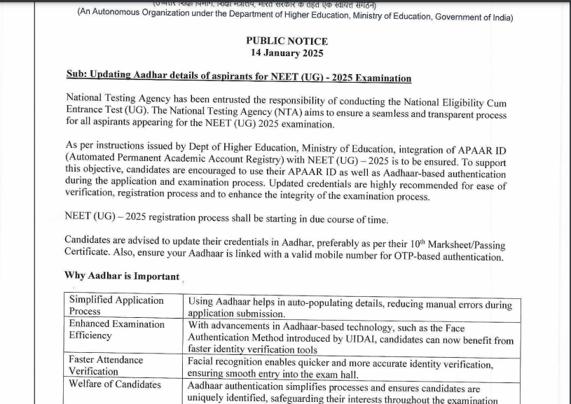 NTA Releases Notice to Integrate APAAR ID with NEET (UG)-2025 Registration Process