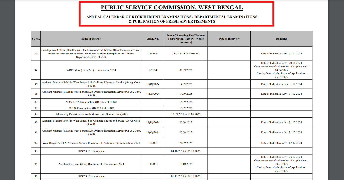 WBPSC Recruitment Exam Calendar 2025 out: Check schedule for important exams here