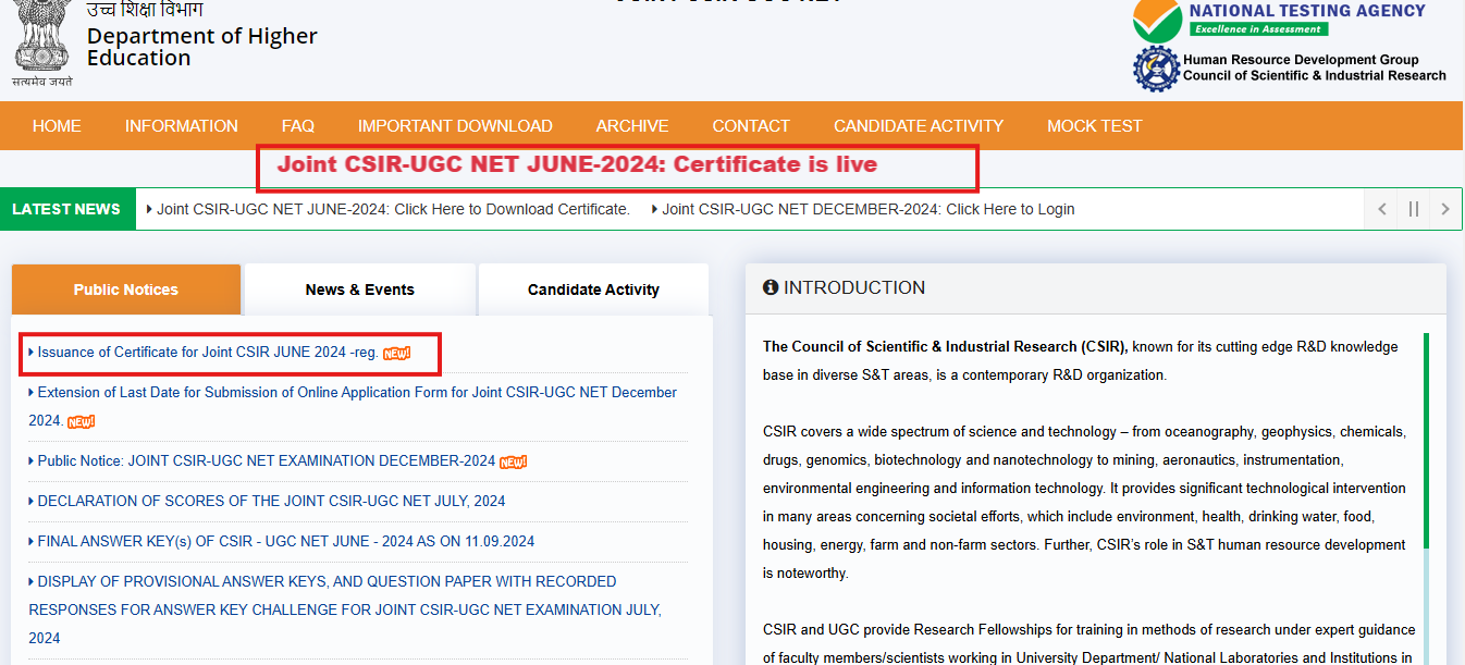 CSIR UGC NET June 2024 certificate released: Direct link to check here