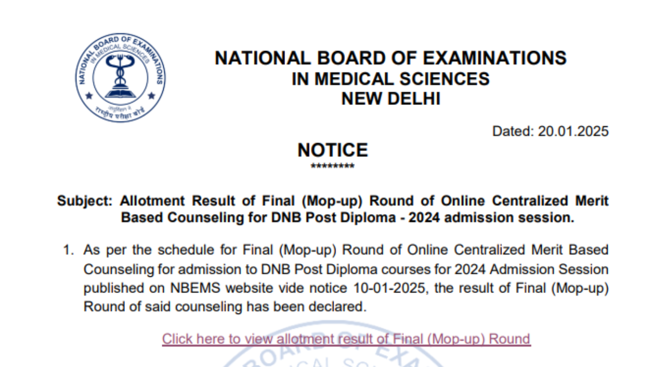 NBEMS DNB Post Diploma Counselling 2024 final round seat allotment result out: Check direct link here