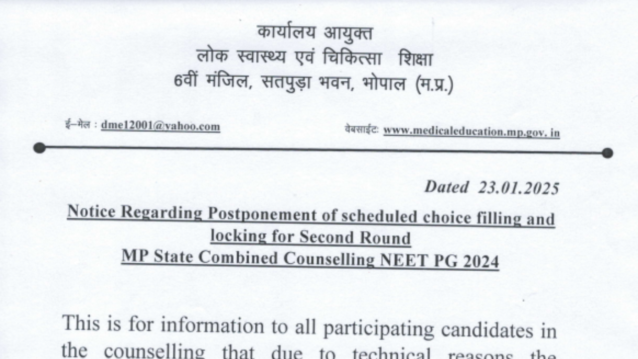 MP NEET PG 2024 Counselling round 2 choice filling postponed: Check notice here