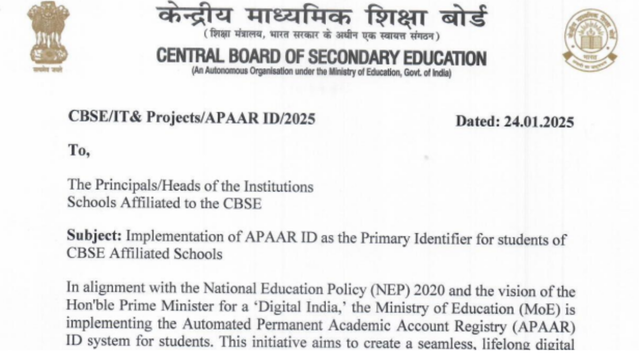 CBSE issues notice on implementation of APAAR ID in affiliated schools: Check details here