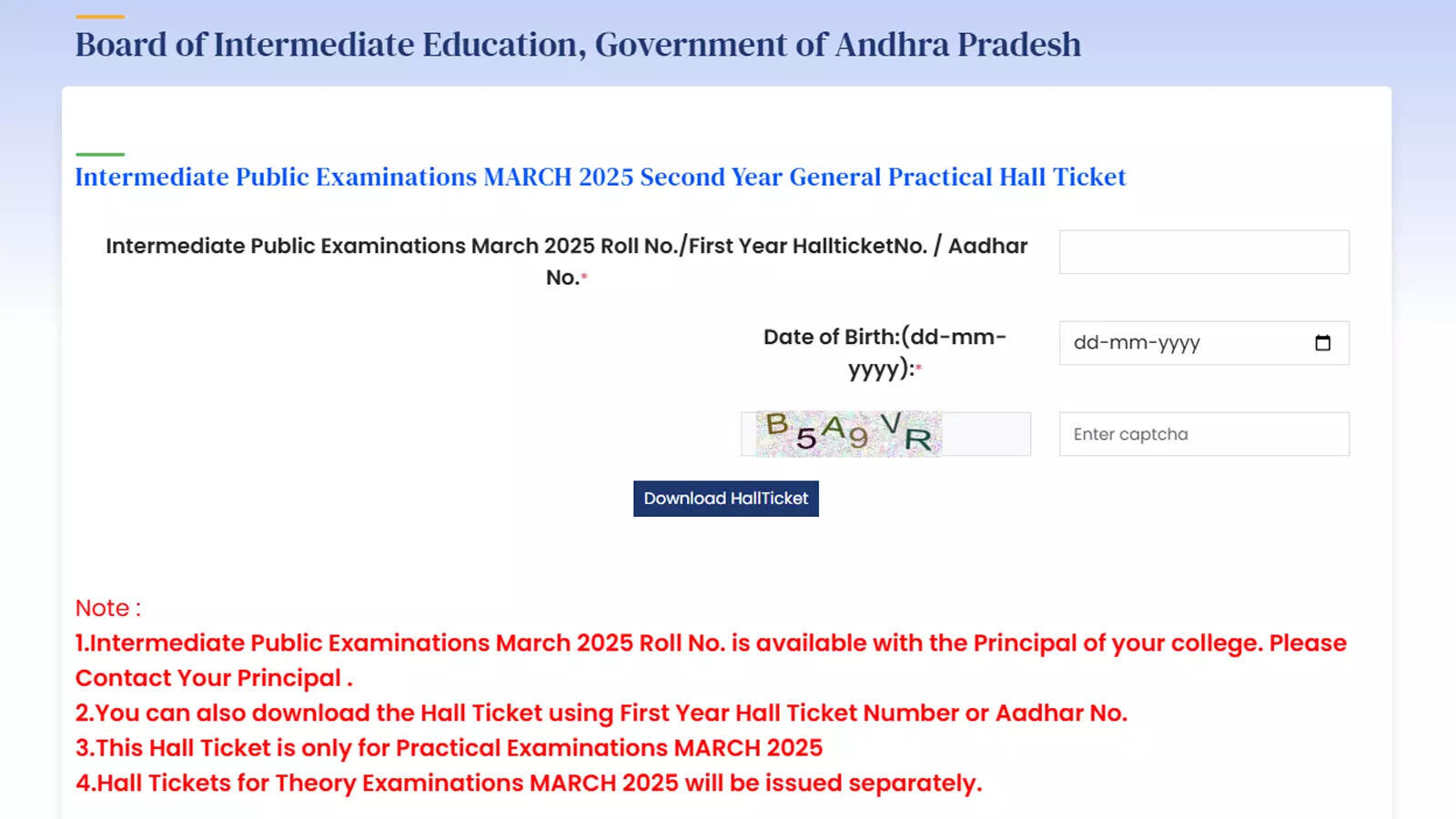 AP Inter Practical Hall Ticket 2025 released at bie.ap.gov.in; download here